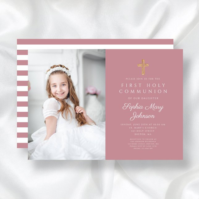 Rosa Streifen Kreuz Girl First CommunityFoto Einladung (Pink Stripes Cross Girl First Communion Photo Invitation)