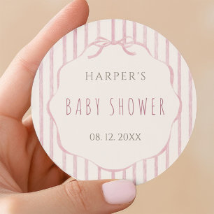 Rosa Streifen mit geschwungenem Rahmen Baby Shower Runder Aufkleber