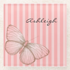Rosa Streifen mit Schmetterling Glasuntersetzer