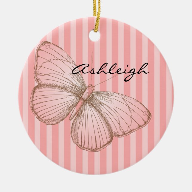 Rosa Streifen mit Schmetterling Keramikornament (Vorne)