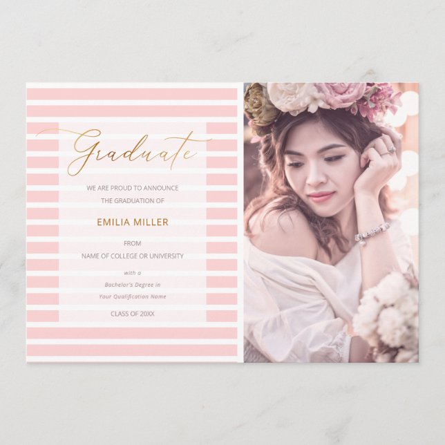 Rosa Streifen Modernes Abschluss Foto Ankündigung (Vorderseite)