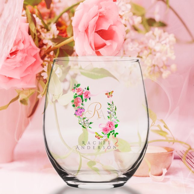 Rosa-Streifen-Multigramm Weinglas Ohne Stiel (Romantic Pink Rose Ribbon Monogram Wine Glass.)