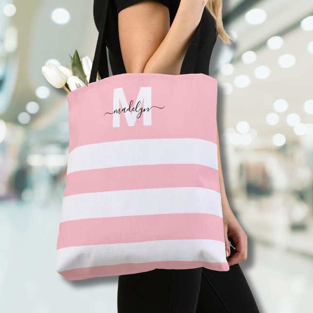 Rosa Streifen Name Monogrammiert (Blush Pink Stripes Name Monogrammed Tote Bag)