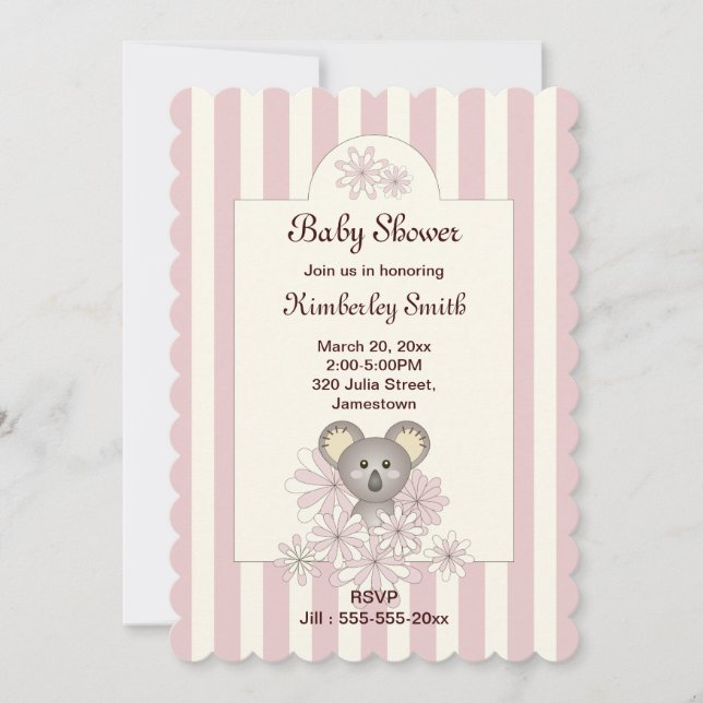 Rosa Streifen Niedlich Koala Baby Girl Dusche Einl Einladung (Vorderseite)