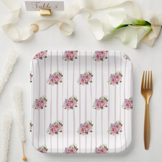 Rosa Streifen Peony Hydrangea Baby Atem Blumenstra Pappteller (Hochzeit)