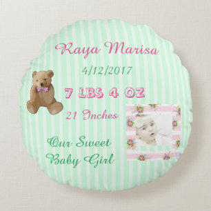 Rosa Streifen personalisiertes Baby Girl Foto Kiss Rundes Kissen