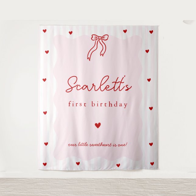 Rosa Streifen Rote Herzen Kleiner Schatz Geburtsta Wandteppich (Vorderseite)