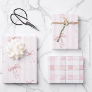 Rosa Streifen Schleifen Karierter Streifen Geburts Geschenkpapier Set