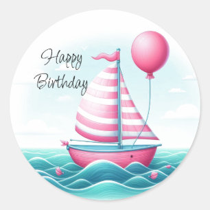 Rosa Streifen-Segelboot-Ballon-Geburtstagswünsche Runder Aufkleber