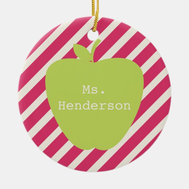 Rosa Streifen u. grüner Apple-Lehrer Keramik Ornament (Vorne)