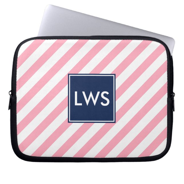 Rosa Streifen und blaues Monogramm Laptopschutzhülle (Vorderseite)