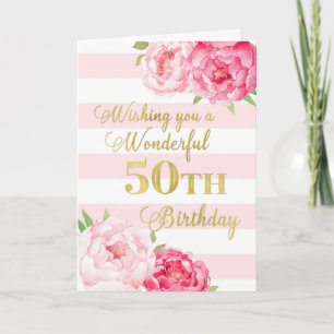 Rosa Streifen und Blume Happy 50. Geburtstagskarte Karte