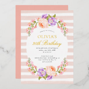 Rosa Streifen und Blüten Geburtstags-Brunch-Party Folieneinladung