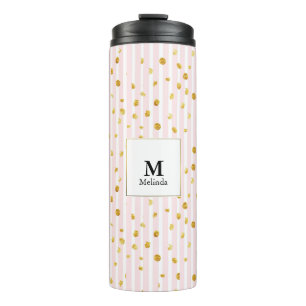 Rosa Streifen und Goldpolka-Dosen Monogram Tumbler Thermosbecher