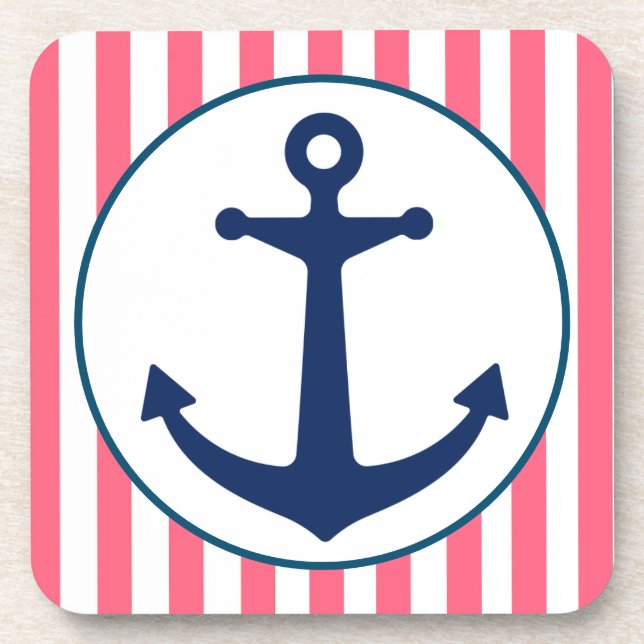 Rosa Streifen und Marineanker Getränkeuntersetzer (Vorderseite)