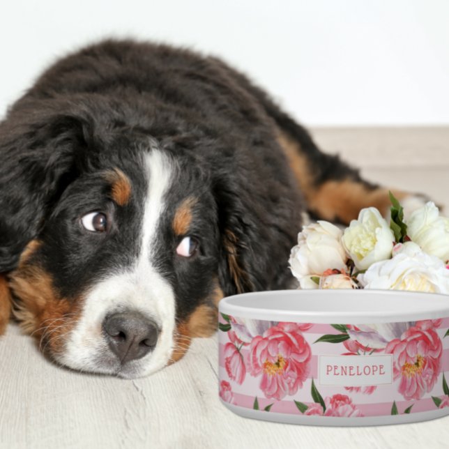 Rosa Streifen und Peony Floral | Monogramm Bowl Napf (Von Creator hochgeladen)