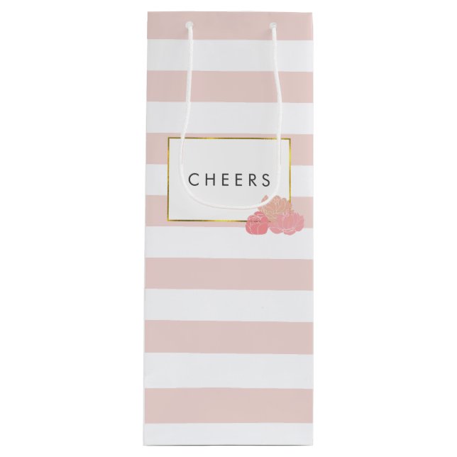 Rosa Streifen und Personalisierte Peony Wag Geschenktüte Für Weinflaschen (Vorderseite)