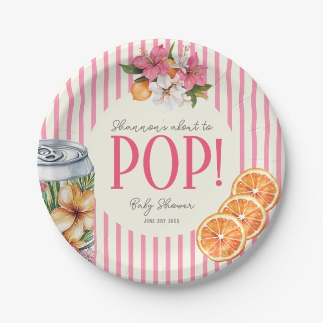 Rosa Streifen Zitrone POP Baby Shower Teller (Vorderseite)
