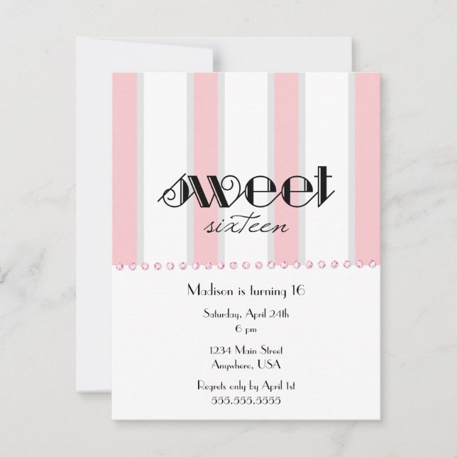 Rosa Stripe Sweet 16 Einladung (Vorderseite)