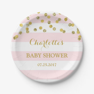 Rosa Stripes Goldconfetti-Babyparty-Platte Pappteller