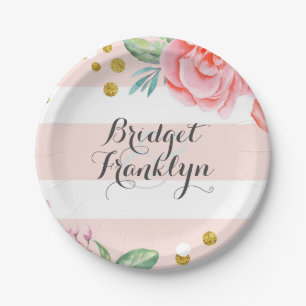 Rosa Stripes GoldConfettiwatercolor-Blumen Pappteller