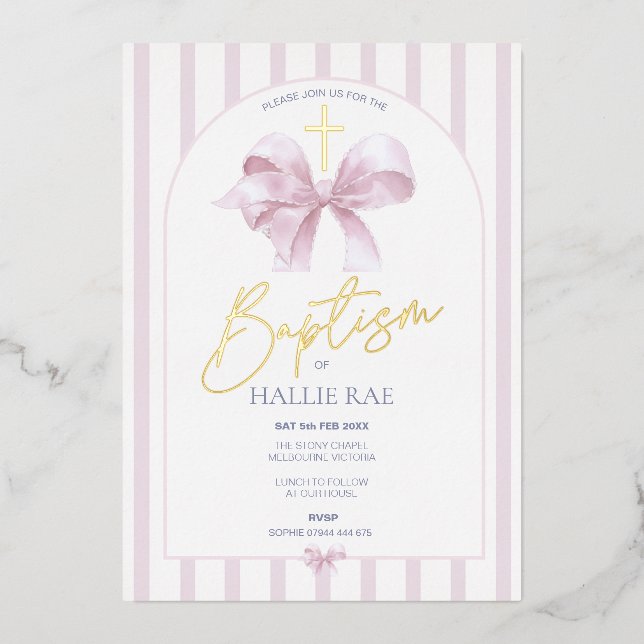 Rosa Stripte Taufe Einladung Girl Modern Bow (Vorderseite)