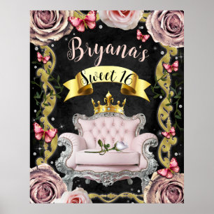 Rosa Stuhl Schmetterlinge Rosen Willkommensschild Poster