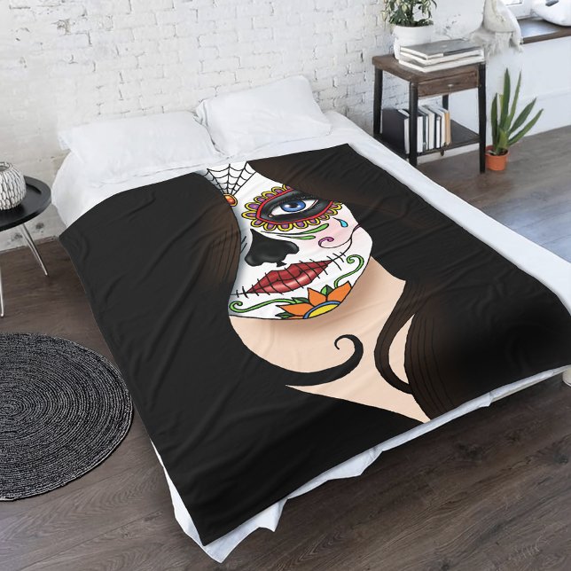 Rosa Sugar Skull Portait Fleecedecke (Von Creator hochgeladen)