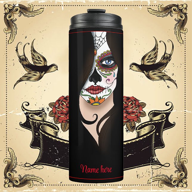 Rosa Sugar Skull Portrait Thermosbecher (Von Creator hochgeladen)