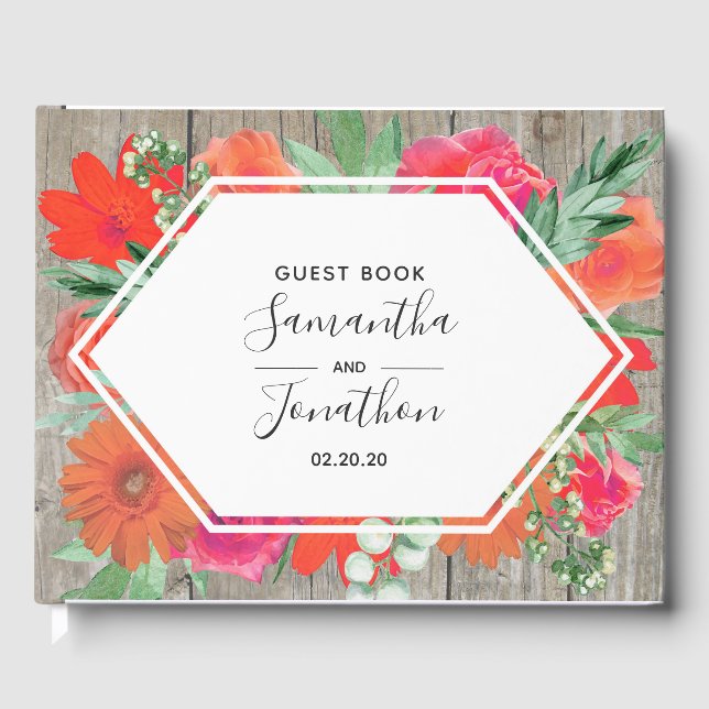 Rosa Sunset Bloom Blumenrahmen Hochzeitsbuch Gästebuch (Vorderseite)