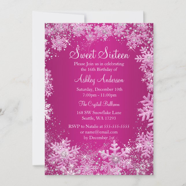 Rosa Süße 16 Winterwunder Land Sparkle Schneeflock Einladung (Vorderseite)
