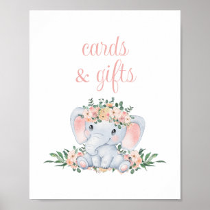 Rosa süße Elefant-Baby-Shower-Karten und Geschenke Poster