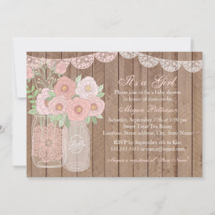Rosa süße Mason-Glas & Holz-Baby-Shower-Einladung Einladung