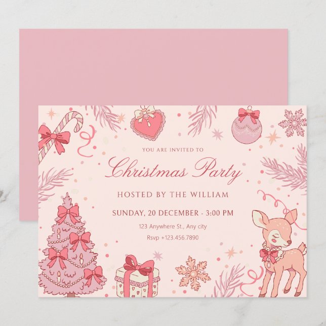 Rosa süße Weihnachtsfeier Einladung (Vorne/Hinten)
