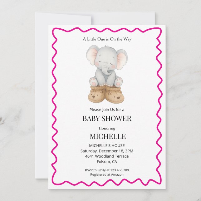 Rosa Süßer Baby Elefant Baby Shower Einladung (Vorderseite)