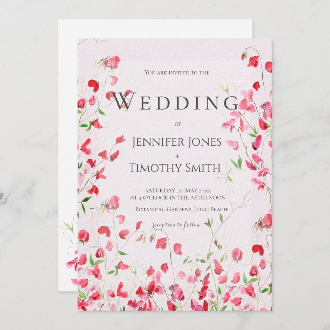 Rosa Süßerbsen Aquarell 2 Einladung zur Hochzeit (Vorne/Hinten)