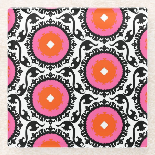 Rosa Suzani Muster Glasuntersetzer (Vorderseite)