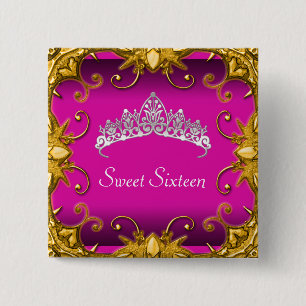 Rosa Sweet 16 Geburtstagsfeier Gold Weiße Tiara Button