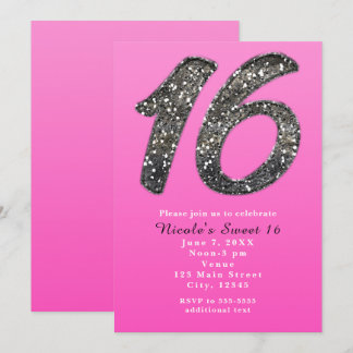 Rosa Sweet 16 Silver Glitzer Party Einladungen