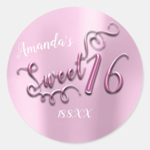 Rosa Sweet 16th Schrift Herz Ballons Mädchenhaft Runder Aufkleber