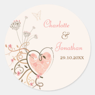 Rosa Sweet Heart Butterfly Wirbel Hochzeitsticker Runder Aufkleber