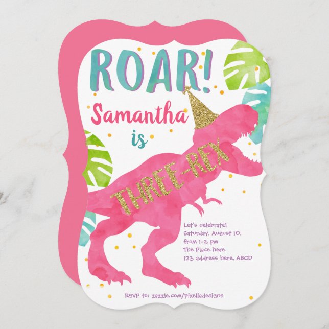 Rosa, T-rex, Dinosaur, Mädchen, 3. Geburtstag Einladung (Vorne/Hinten)