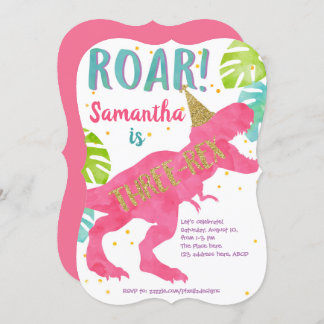 Rosa, T-rex, Dinosaur, Mädchen, 3. Geburtstag Einladung