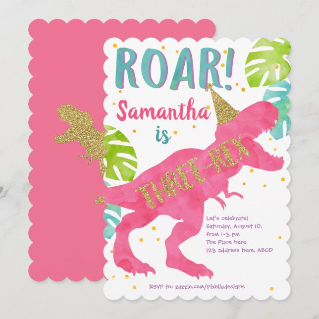Rosa, T-rex, Dinosaurier, Mädchen, 3. Geburtstag Einladung (Vorne/Hinten)