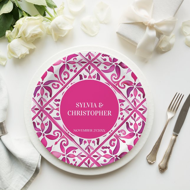 Rosa Talavera Hochzeitmonogramm gedruckt Pappteller (Pink Spanish talavera Vintage Mexican Hacienda wedding monogram printed Paper Plates table decor)