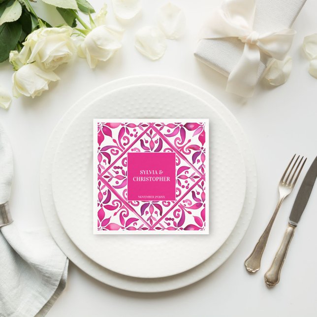 Rosa Talavera Hochzeitmonogramm gedruckt Serviette (Pink Spanish Mexican talavera Hacienda wedding monogram printed Napkins template personalized decor)