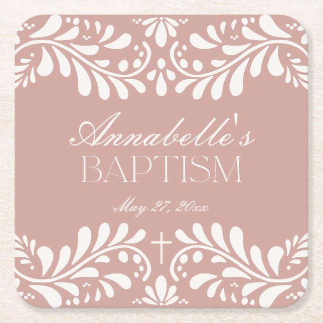 Rosa Talavera Tile Spanische Fiesta Taufe Rechteckiger Pappuntersetzer (Vorderseite)