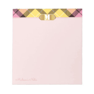 Rosa Tartan Golden Script Name Monogram Apricot Notizblock