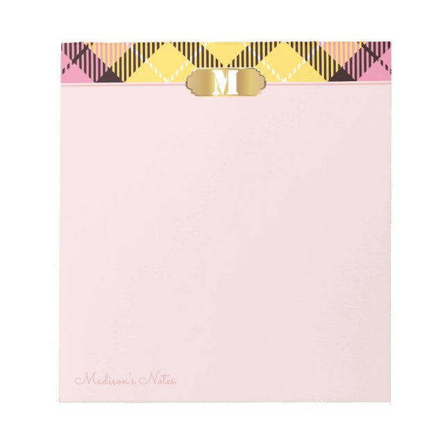 Rosa Tartan Golden Script Name Monogram Apricot Notizblock (Vorderseite)