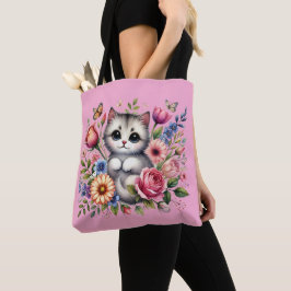Rosa Tasche mit Niedlicher Katze und Blumenfarbe